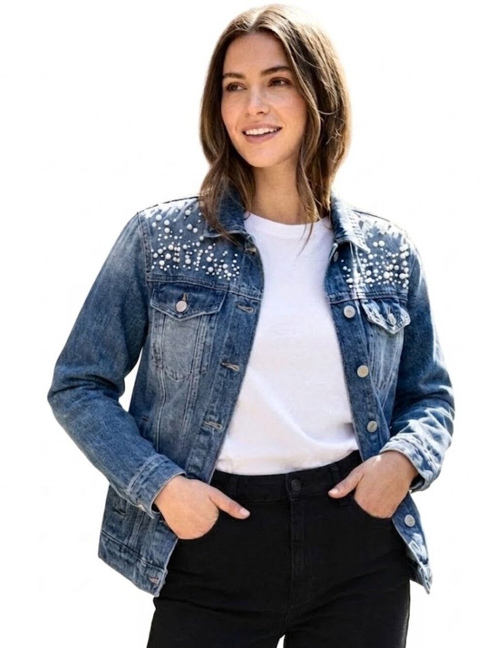 Mavi Karla Pearl Embellished Denim Jacket, Blue Mid Wash, Womens Size Small